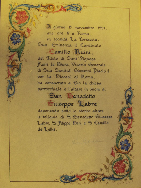 Pergamena in ricordo della consacrazione della chiesa